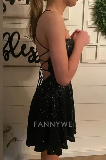 FannyWe Simple Black A-Line Empire-Waist Sequined Scoop Sleeveless Short Homecoming Dress formal wear dresses